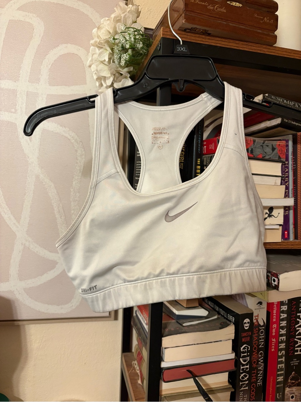 Nike White Dri-FIT Racerback Sports Bra with Silver Swoosh